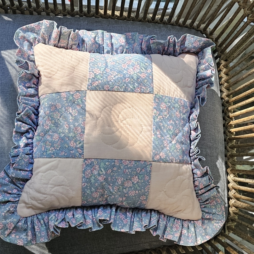 Floral Handmade Vintage Patchwork Quilted Pillow with Ruffle Edges Cottage